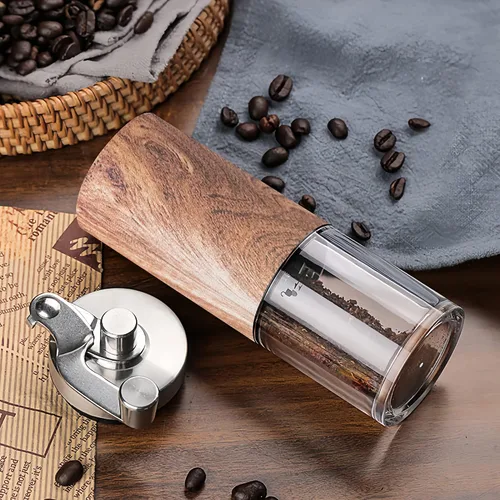 Vista 6 de Molinillo de café manual portátil y visible, molinillo de café de mano con perilla ajustable de cerámica, molinillo de café de acero inoxidable