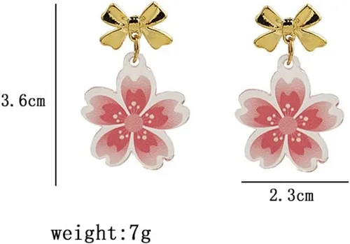 Vista 2 de Aretes colgantes ligeros con nudo de lazo rosa con flor de Sakura para mujeres, adolescentes y niñas, delicados aretes de mariposa chapados en oro
