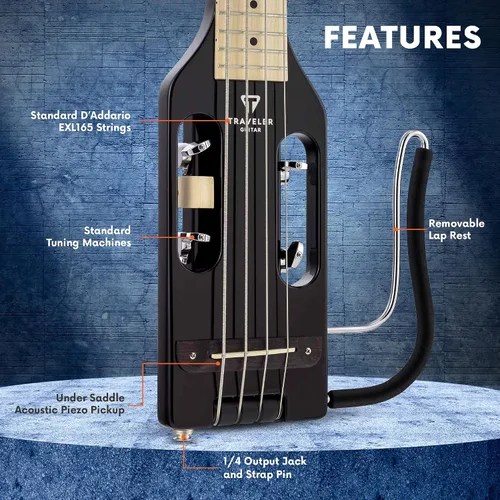 Vista 2 de Traveler Guitar Guitarra Bajo Ultra-Ligera Negro Brillante Guitarra de Bajo de Viaje Pequeña con Apoyo de Regazo Removible Guitarra Portátil sin