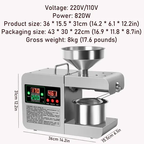 Vista 2 de Máquina eléctrica de prensa de aceite de 820 W, máquina de aceite de prensa caliente y fría para el hogar, carcasa de metal, extractor de aceite