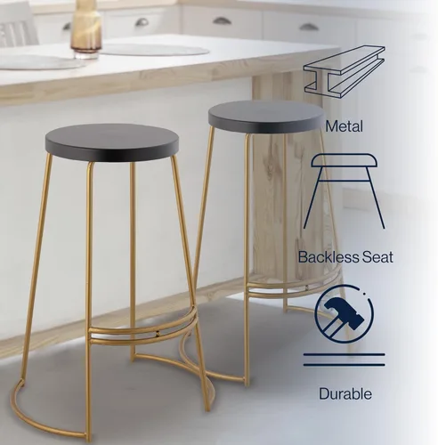 Vista 4 de JONATHAN Y Hula Taburete de bar de hierro curvado sin espalda de 28.75 pulgadas, negro/dorado Art Deco Style, Round Seat, Integrated Footrest