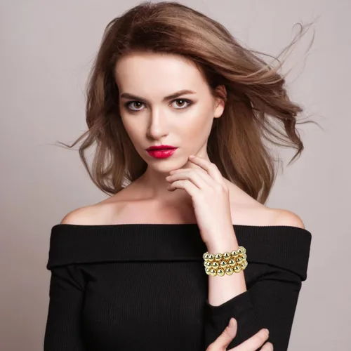 Vista 2 de Brazalete de cuentas chapadas en oro de 14 quilates, delicado y apilable, para mujeres y niñas