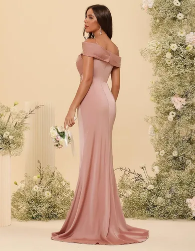 Vista 7 de Vestidos de dama de honor de sirena de satén 2024 para mujer, con hombros descubiertos, vestido de fiesta de graduación con abertura de cola CM228