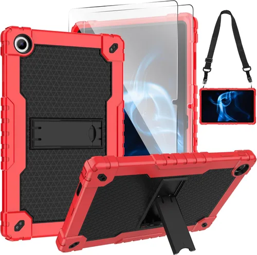 Vista 8 de Onn Tablet Pro 11 pulgadas 2023 Funda con soporte y vidrio templado - Funda híbrida resistente - Rojo+Negro