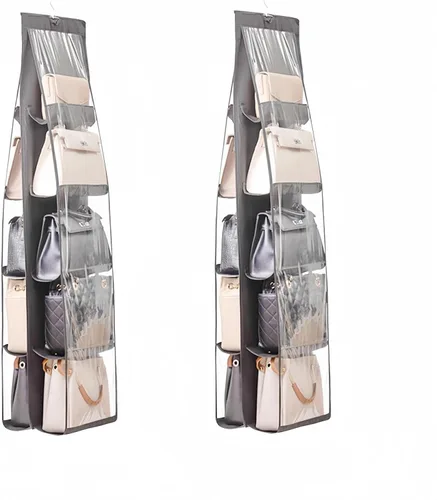 Vista 14 de HAN SHENG Organizador colgante de 6 bolsillos transparente para bolsos y monederos - Estante colgante para ahorrar espacio para clóset, armario