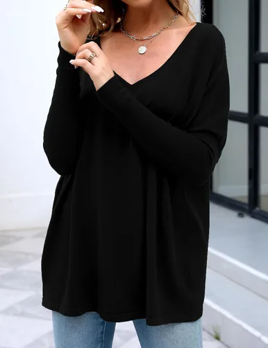 Vista 3 de Suéter de punto para mujer, cuello en V, camisas de gran tamaño, ligero, casual, sin botones, de manga larga, a la moda
