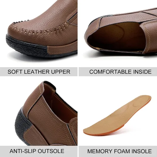 Vista 2 de UZB Mocasines de cuero sin cordones para mujer, cómodos zapatos de plataforma casuales