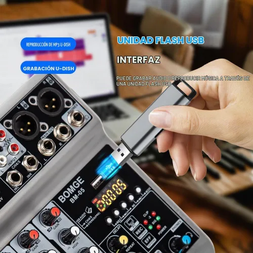 Vista 5 de BOMGE Mezclador de audio, consola de mezcla de tablero de sonido con 5 canales digitales USB Bluetooth, efecto de eco y retardo, alimentación