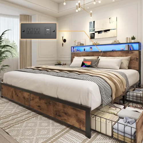 Vista 7 de Lifezone Base de cama Queen con cabecera de almacenamiento de 2 niveles, base de cama de plataforma de metal con 4 cajones de almacenamiento, gris