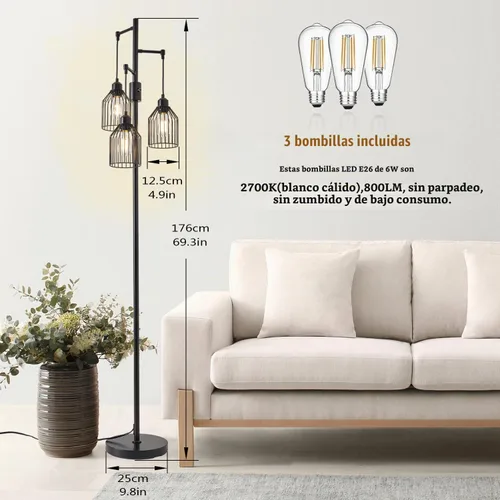 Vista 3 de Lámpara de pie regulable para sala de estar, lámpara de pie de granja con elegante jaula colgante, 3 bombillas LED Edison incluidas, lámpara de pie