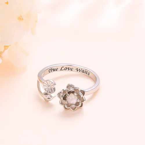 Vista 4 de Moonstone - Juego de joyas de loto de plata de ley, anillo de flor de loto grabado True Love Waits, Natural Healing Buddha Spiritual Yoga Lotus
