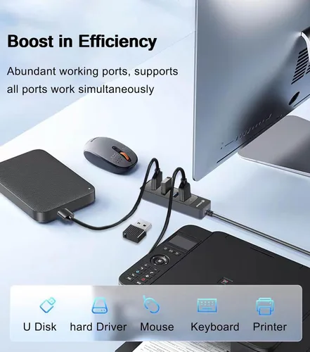 Vista 5 de Concentrador USB 3.0, extensor USB 3.0 de 5 puertos con puerto de alimentación USB C de 5V, divisor USB A puerto Hub para laptop, PC, coche, PS4/5