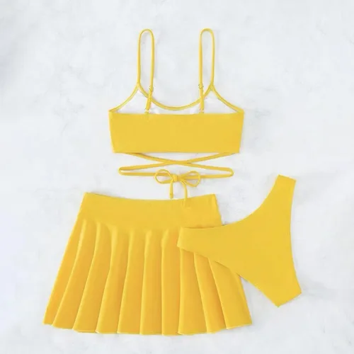 Vista 4 de Conjunto de bikini de talle alto para mujer, traje de baño sexy de dos piezas Tiras, Lindo, falda natación, traje de baño