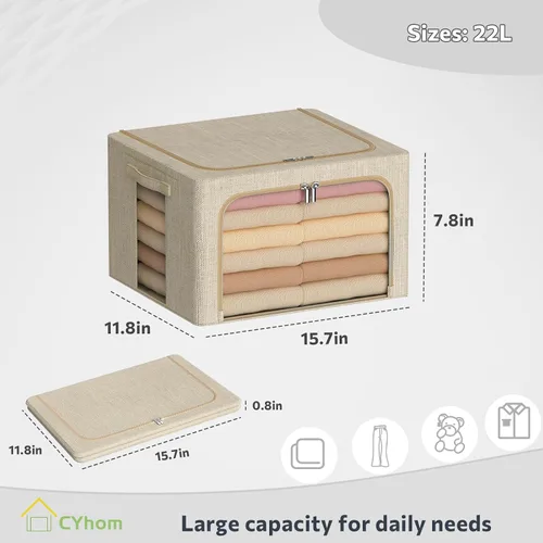 Vista 4 de CYhom Caja de almacenamiento de ropa, juego organizador plegable de tela de lino con ventana transparente, asas de transporte y marco de metal, 2