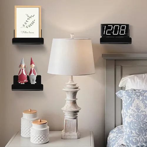 Vista 6 de Paquete de 3 estantes flotantes pequeños de acrílico para almacenamiento en pared, mini estante adhesivo de 4 pulgadas para sala de estar, baño
