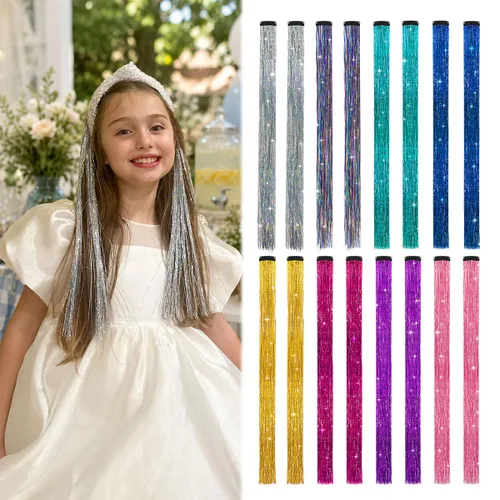 Vista 11 de Extensiones de cabello de oropel con clip para niños, clips de extensión de cabello con purpurina, kit de oropel de cabello de hadas para niñas, 16