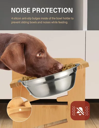 Vista 5 de Cuencos elevados para perros, soporte elevado ajustable para mascotas de tamaño mediano, alimentador de alimentos de bambú resistente con 2 platos