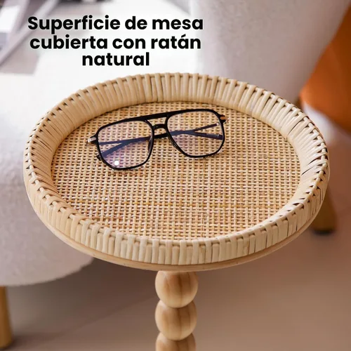 Vista 3 de Mesa auxiliar redonda de ratán pequeña para espacios pequeños, mesa auxiliar circular bohemia con patas de madera maciza para sala de estar, mesa