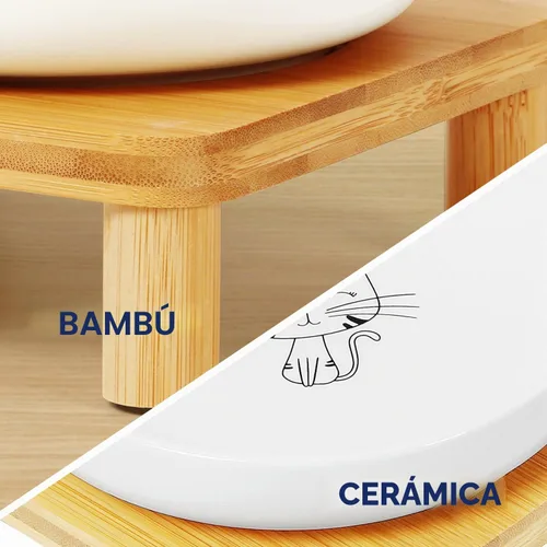 Vista 6 de DoogCat Cuencos elevados para gatos, soporte de bambú con 2 cuencos