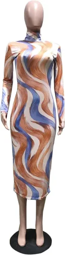 Vista 3 de Ophestin Vestido sexy de manga larga con cuello alto y rayas florales para mujer, ajustado, largo hasta la rodilla, vestido de tubo
