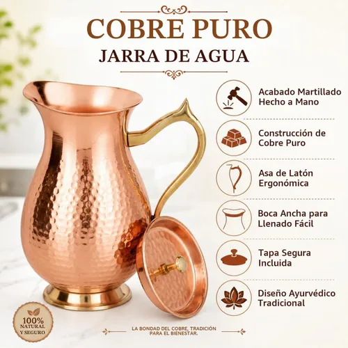 Vista 2 de Jarra de cobre 100% puro de 50.7 fl oz (50.72 onzas) – Jarra de agua de cobre martillado con tapa y asa, jarra de agua de cobre ayurvédica