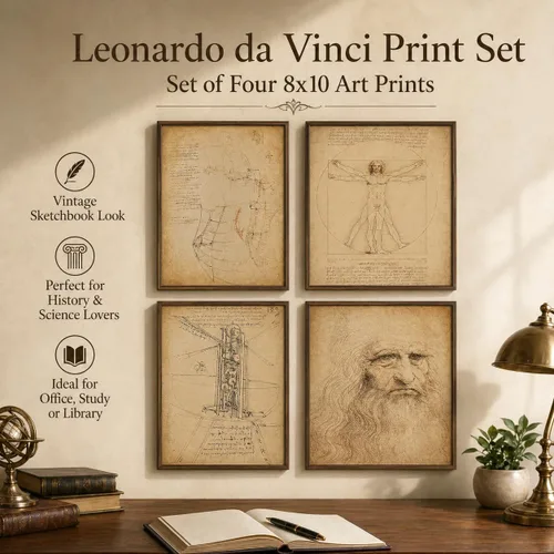Vista 3 de Impresiones artísticas originales de Leonardo da Vinci – Gran decoración de aula de ciencias y oficina en casa, accesorios para dormitorio