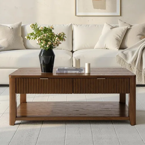 Vista 7 de HULALA HOME Mesa de centro moderna acanalada con almacenamiento, mesa de centro de chapa de roble de madera con mesa ancha, 2 cajones y estante Nogal