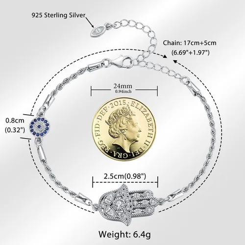 Vista 40 de Aniu Joyería de plata de ley 925 Hamsa de Fátima para mujer con circonita cúbica, viene con caja de regalo negra