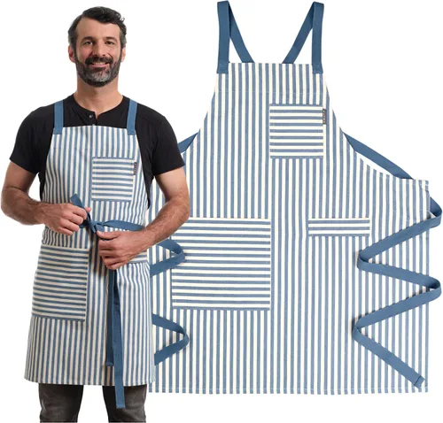 Vista 10 de MEEMA Cooking Aprons for Women with Pockets Comfortable One Size Fits All Upcycled Adjustable Cross Back Aprons for Men