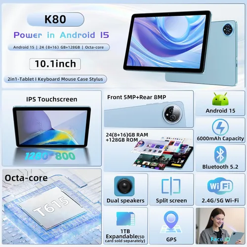 Vista 2 de Tablet Android 15 de 10 pulgadas, 24GB RAM 128GB ROM, Tabletas con Funda de Teclado Ratón Stylus, 1TB Expandible, Octa-Core 6000mAh 1280x800 IPS HD