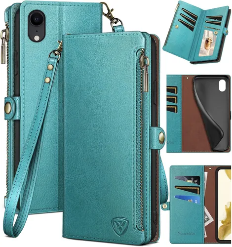 Vista 11 de XcaseBar Funda tipo cartera para iPhone XR de 6.1 pulgadas con bloqueo RFID, soporte para tarjetas de crédito con cremallera, funda de piel