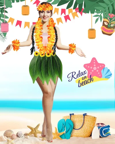 Vista 5 de 6 piezas de disfraz hawaiano para mujer, incluye falda hula, top hawaiano, flor hawaiana, collar y pulsera para Halloween, mujer, cosplay