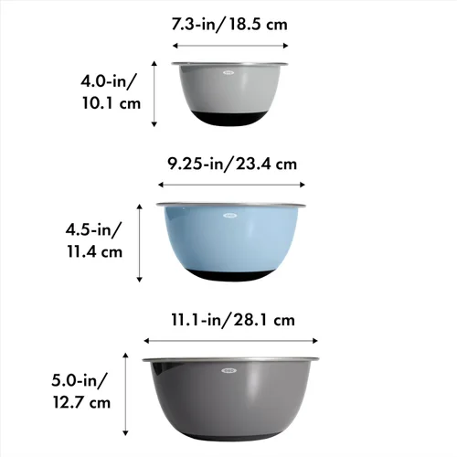 Vista 6 de OXO Good Grips, juego de 3 tazones para mezclar de acero inoxidable - Azul/Gris