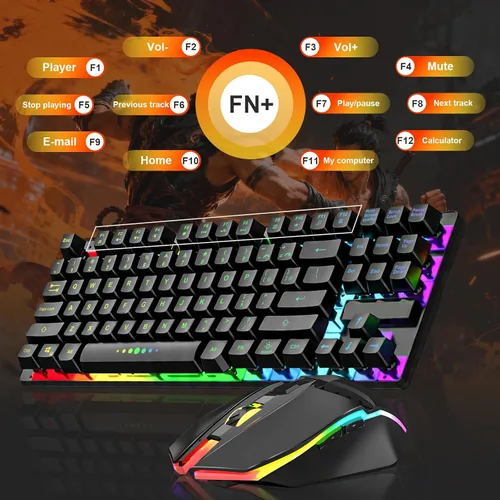 Vista 6 de Combo de teclado y mouse inalámbricos para juegos, batería recargable con retroiluminación LED, teclado de tacto mecánico ultra compacto, ratones