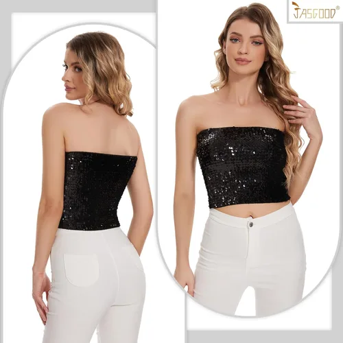 Vista 5 de JASGOOD Tops cortos de lentejuelas brillantes para mujer, tops de tubo metálicos sin tirantes, corsé de sirena con purpurina para fiesta y club