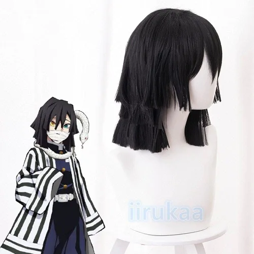 Vista 4 de iirukaa Iguro Obanai Peluca Cosplay para Demon Slaye Anime Kimetsu no Yaiba Personajes de Halloween, pelucas de cosplay con gorra de peluca gratis