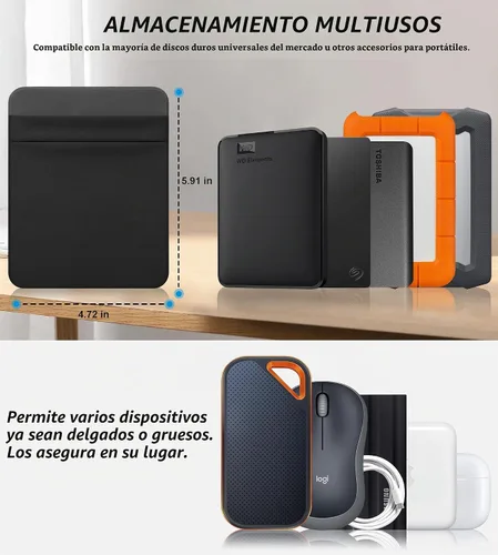 Vista 3 de Lacdo Funda portátil para disco duro externo, funda adhesiva de 2 bolsillos para portátil, compatible con discos duros externos de 2.5" Seagate, WD