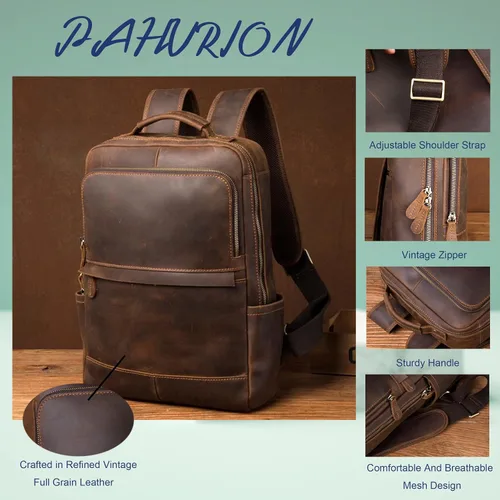 Vista 3 de Mochila para portátil de cuero genuino vintage de 15.6 pulgadas, bolsa de viaje para senderismo, mochila antirrobo para acampar