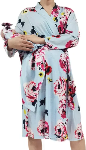 Vista 12 de SUFEINI Conjunto de Bata de Maternidad y Manta Envolvente para Bebé a Juego, Bata de Mamá con Manta Receptora Ropa de Dormir para Niñas y Niños