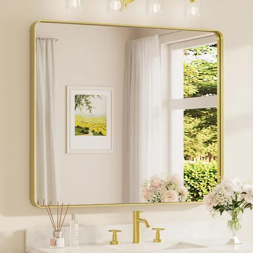 Vista 60 de Espejo de marco dorado cepillado de 16 x 24 pulgadas, espejo de tocador de baño de latón dorado para pared, espejo enmarcado rectangular de esquina