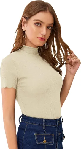 Vista 3 de SweatyRocks - Camiseta de manga corta con cuello alto, canalé y bordes envoltorio para mujer Beige