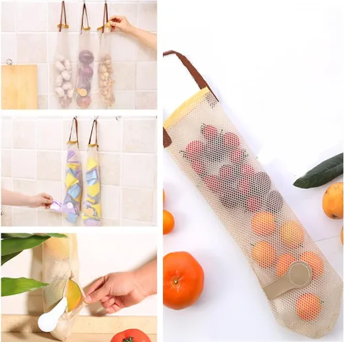 Vista 5 de Bolsas de comestibles reutilizables para verduras, frutas, soporte para mostrador de espacio, bolsa de almacenamiento de red para cebolla, papa