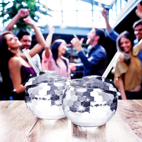 Vista 6 de 6 tazas de bola de discoteca esféricas plateadas, bola de disco flash, taza de cóctel, taza de cóctel con purpurina brillante con tapa y pajita