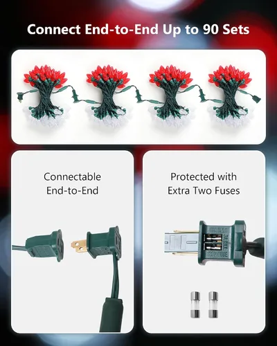 Vista 5 de Juego de 2 luces LED C7 de Navidad, 25.16 pies, 50 luces LED conectables para interiores y exteriores, luces navideñas rojas y blancas para casa