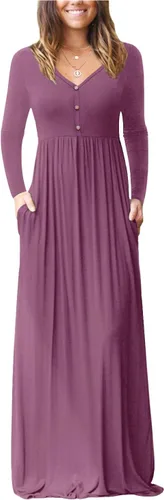 Vista 11 de GRECERELLE Vestido de manga larga con cuello en V para mujer, estilo casual, con botones, maxi, 2025, con bolsillos 01 Negro