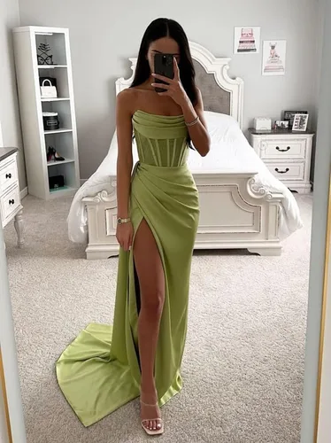 Vista 4 de KNCERY - Vestidos de dama de honor, vestidos formales de satén, sin tirantes, vestido de fiesta de noche, vestidos largos de graduación con abertura