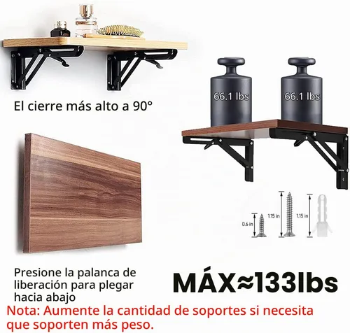 Vista 4 de Soportes plegables para estantes – 8 pulgadas, 2 piezas de metal resistente, soporte de estante plegable montado en la pared, ahorro de espacio