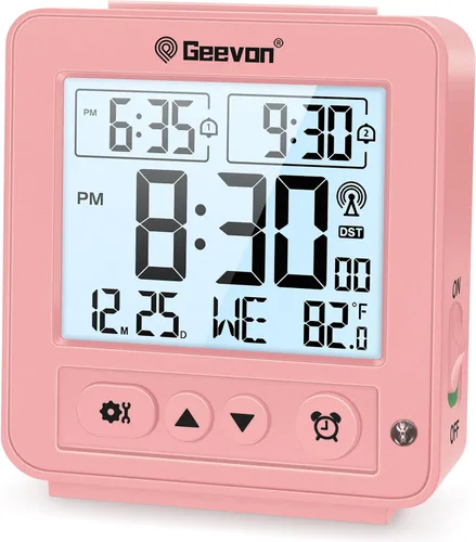 Vista 10 de Geevon Pequeño reloj despertador atómico de viaje con retroiluminación Auto/8s, 2 configuraciones de alarma, temperatura, sonidos de pitido Negro