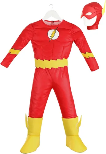 Vista 7 de Disfraz clásico de Flash para niños pequeños, disfraz de superhéroe de DC Comics, pecho muscular, máscara y fundas para botas