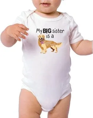 Vista 2 de My Big Sister is a Golden Retriever Body de bebé personalizado nombre de perro recién nacido ropa infantil bebé camisa familia mascota